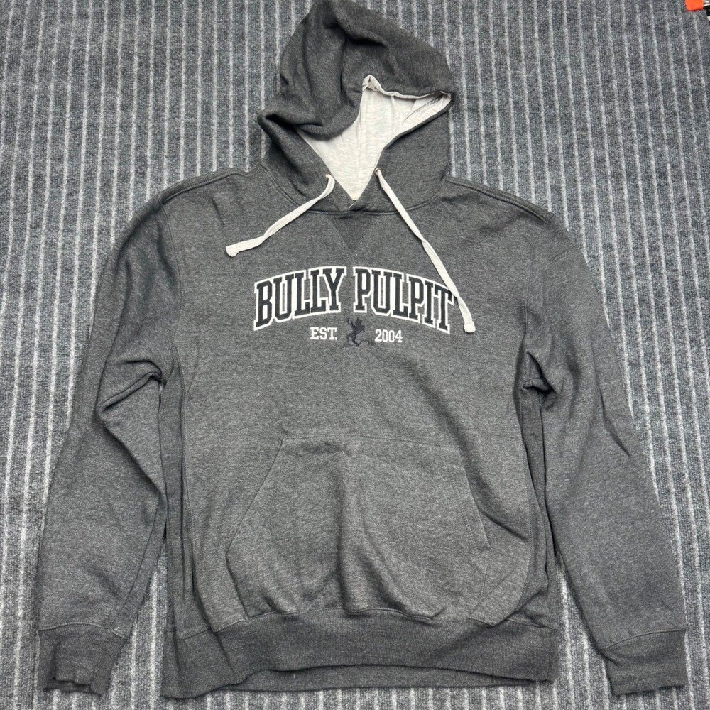 Signature Mens Bully Pulpit Hoodie Size L Gray Embroidered Collegiate Sweatshirt